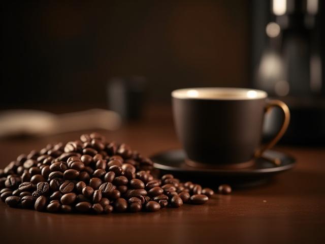 Elegant commercial photograph of coffee beans and equipment