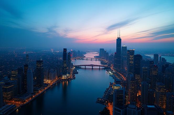 Aerial view of a modern city at dusk from a drone