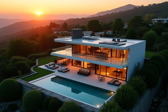 Aerial photography of a luxurious real estate property at sunset