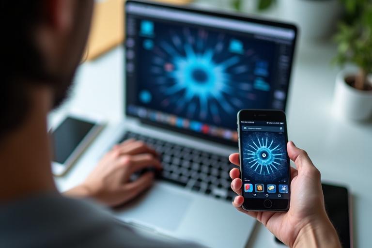 Person using a laptop and smartphone to manage social media, illustrating digital marketing and content creation.