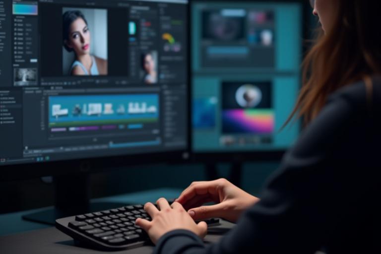 Graphic designer working on a professional photo editing software on a large monitor, representing post-production services.